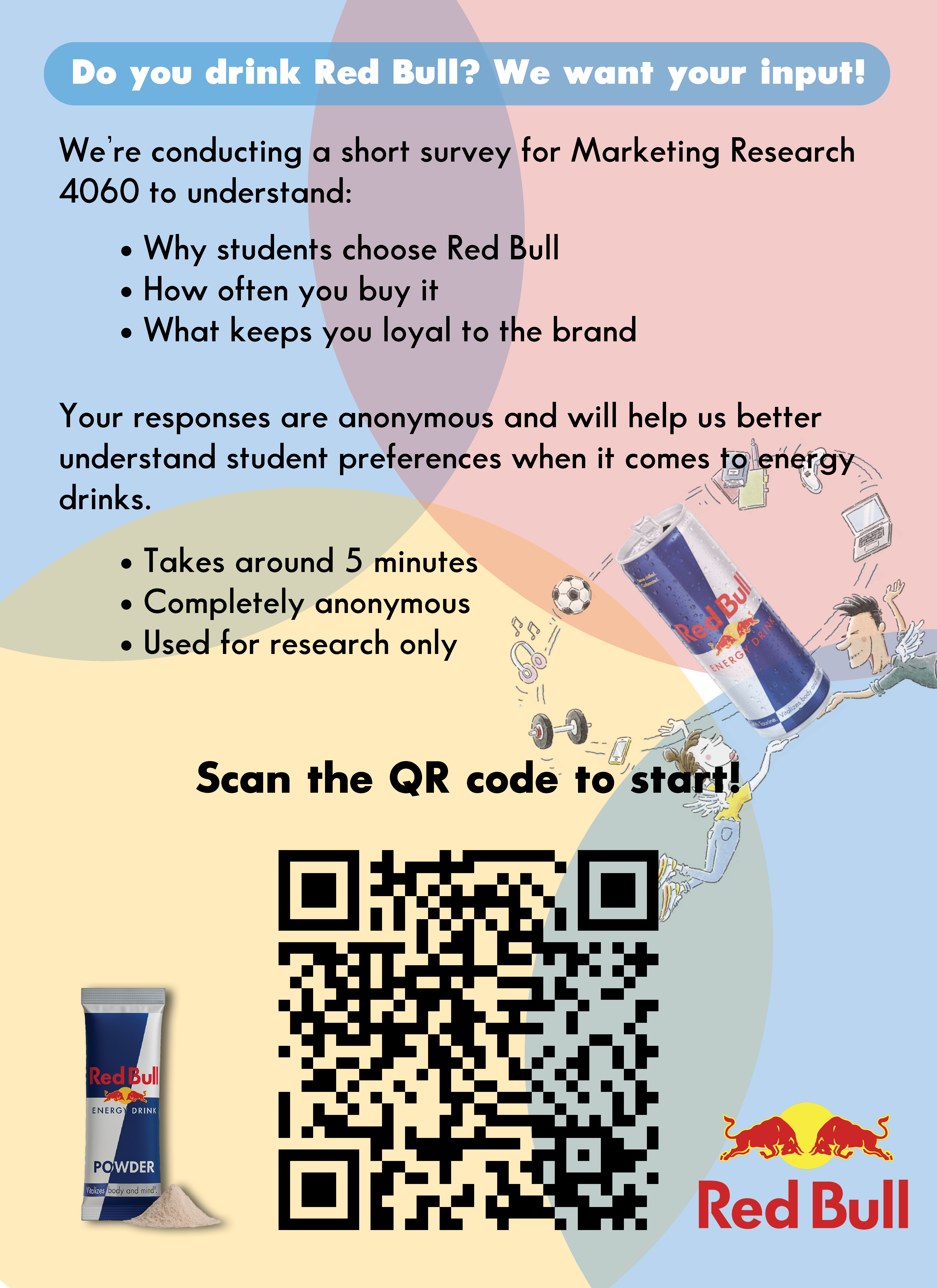 Red Bull marketing research survey flyer with QR code to start.