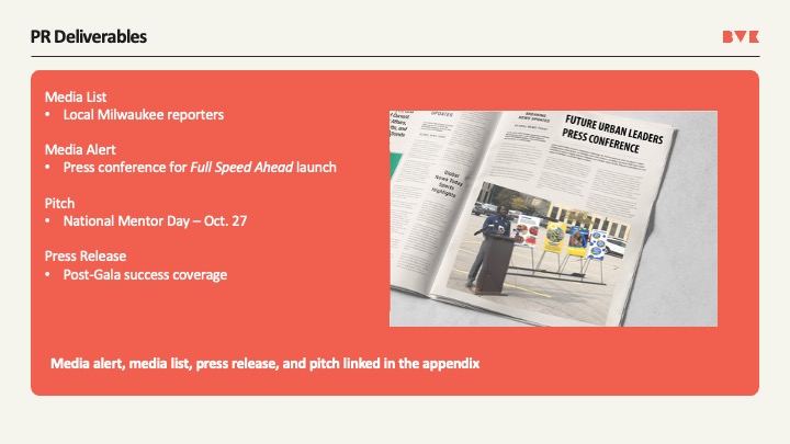 PR deliverables slide listing local Milwaukee media list, media alert, National Mentor Day pitch, and post gala press release