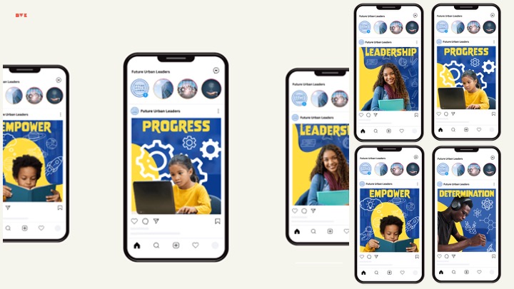 Instagram story mockups for Empower, Progress, Leaders, and Determination