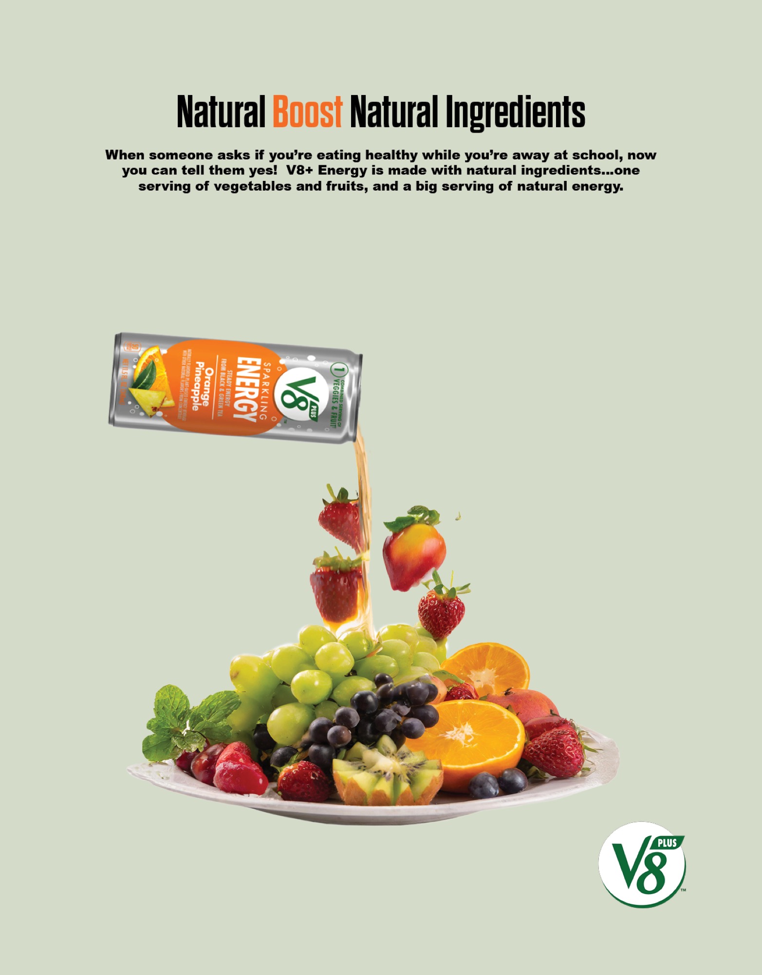 V8 V-Fusion can pouring juice onto fruit and vegetable plate, with text "Natural Boost Natural Ingredients"