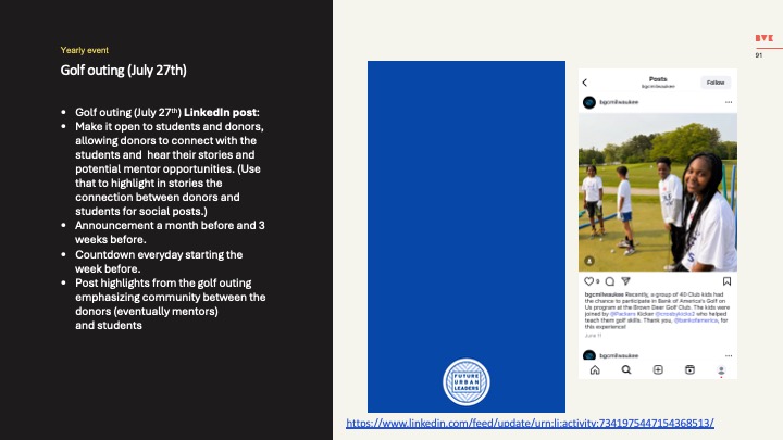 Golf outing LinkedIn post concept with implementation notes and sample post