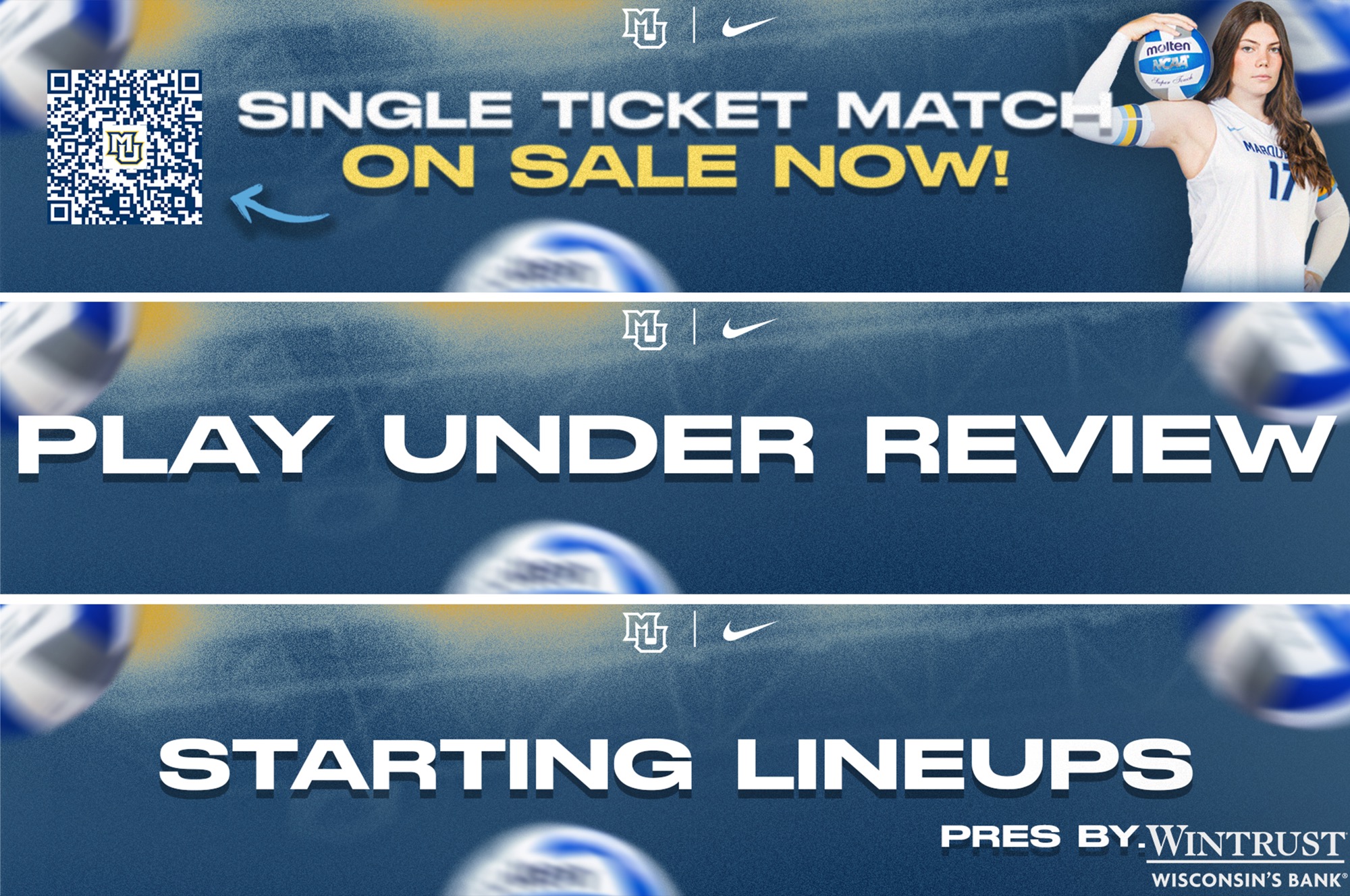 Volleyball player, 'Single Ticket Match On Sale Now!'. 'Play Under Review', 'Starting Lineups' text
