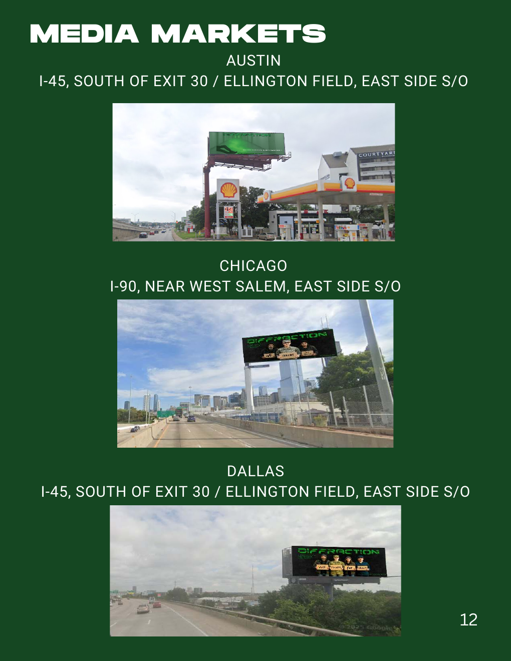 Diffraction media markets page showing billboard locations in Chicago, Austin, and Dallas